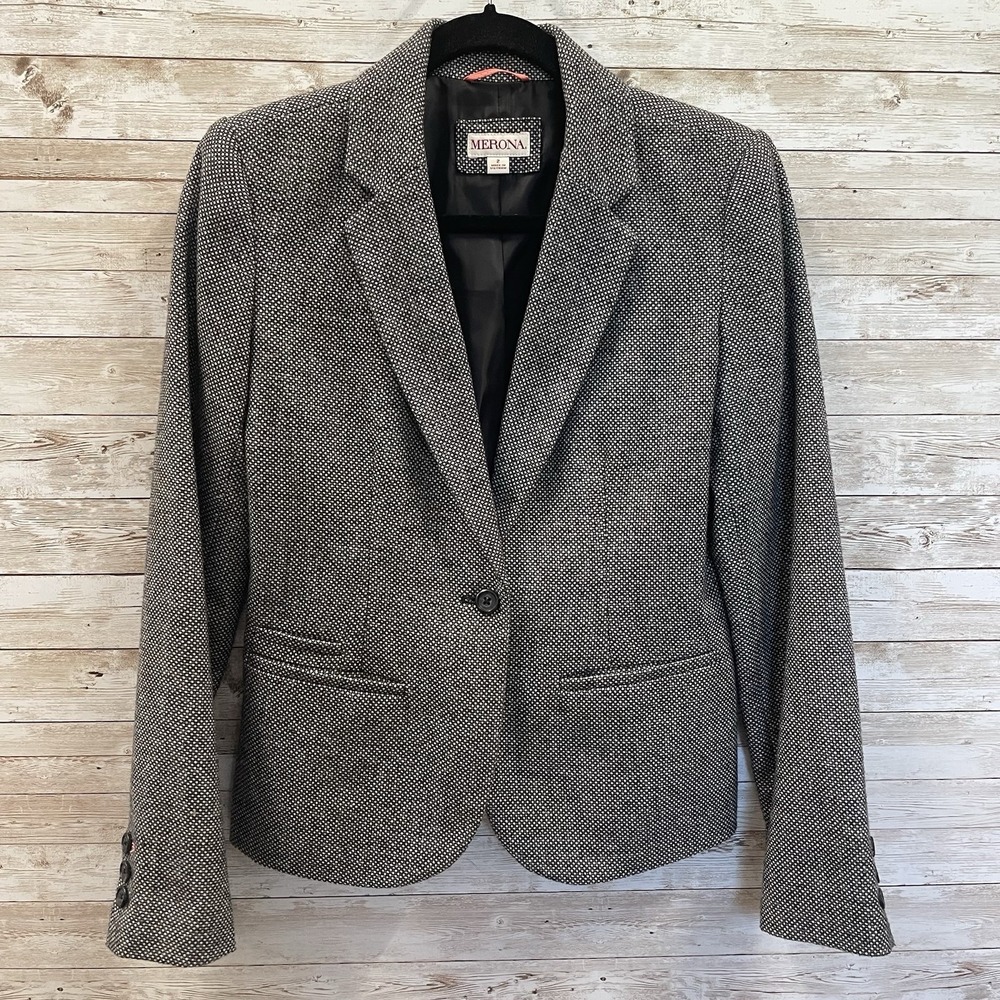 Merona Womens 2 Blazer Black White Gray Wool Blend 1 Button Professional Jacket